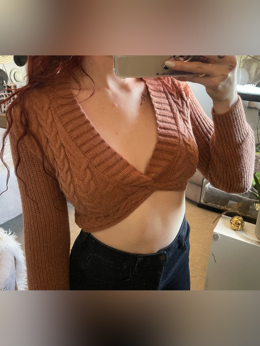 SHEIN Rust Cable Knit V-Neck Cropped Sweater